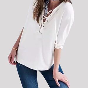 3/$30 ❤️ NWT Mine Ivory Off White Lace up boho blouse top tunic 3/4 sleeves Sz L